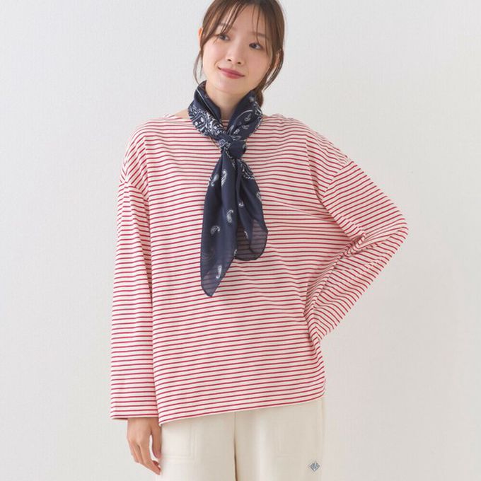 日本 OMNES - 100%棉 經典款細條紋長袖上衣-白底紅條紋