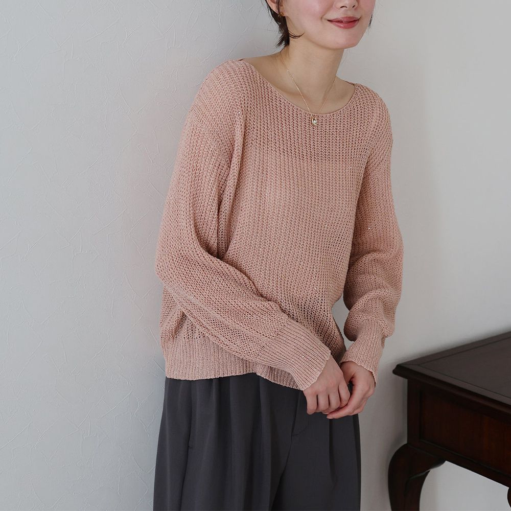 典雅船領閃爍亮片網眼針織上衣-粉紅