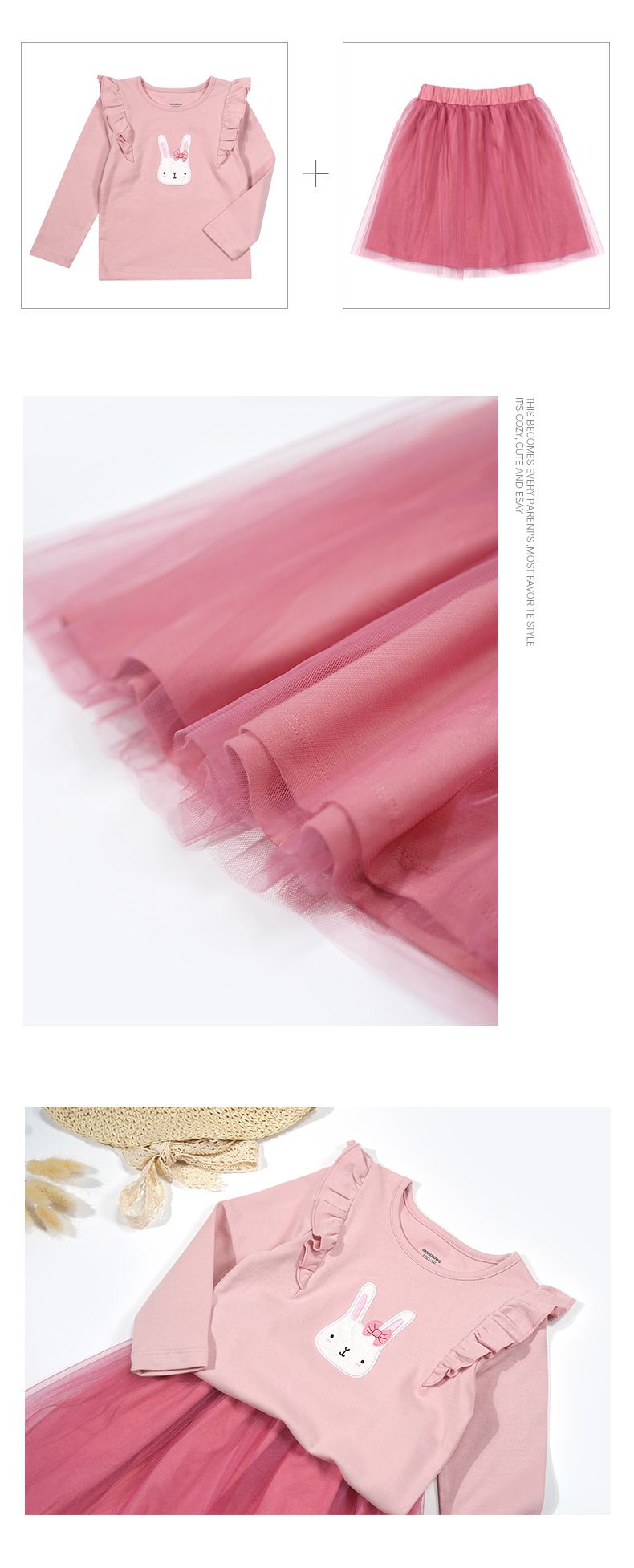 Minizone - 長袖上衣紗裙套裝-藕粉兔子