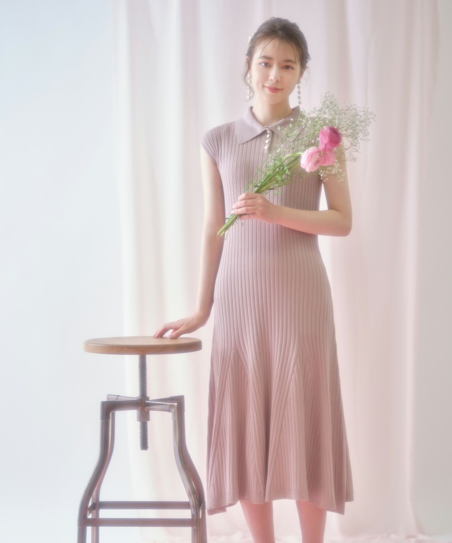 日本 tocco-closet - 直羅紋翻領修身洋裝-海軍藍