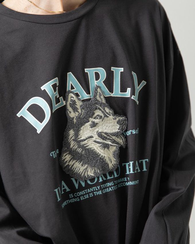 日本 gleam - 相良刺繡哈士奇印花帥氣長袖T恤-灰