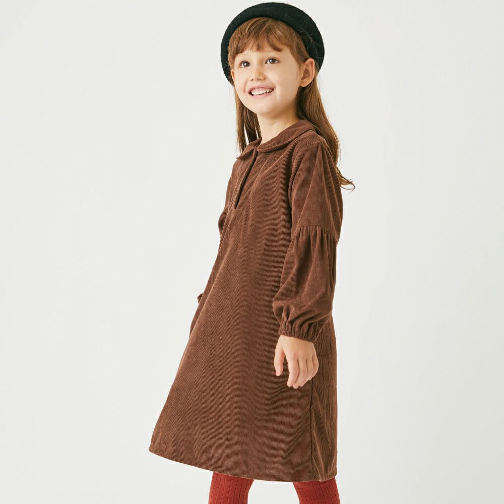 日本 evercloset - 甜美圓領燈芯絨澎澎長袖洋裝-炭灰