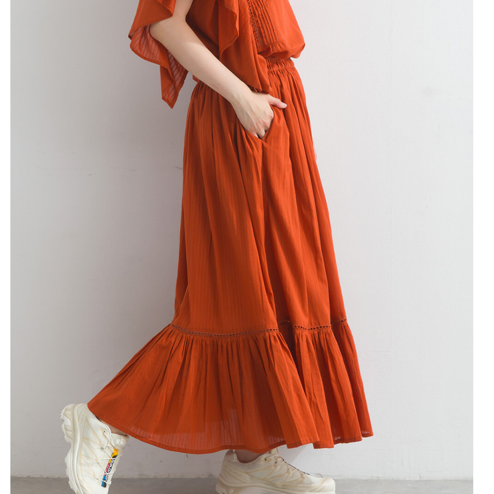 100%印度棉 飄逸緹花下擺鬆緊長裙-磚橘
