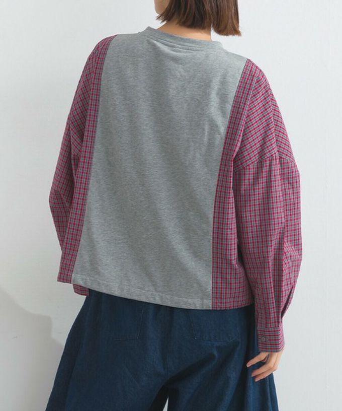 日本 Lupilien - 可愛格子拼接裏毛休閒襯衫-深灰x紅