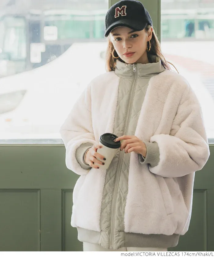 日本 COCA - 雙面穿絨毛絎縫立領鋪棉夾克-軍綠