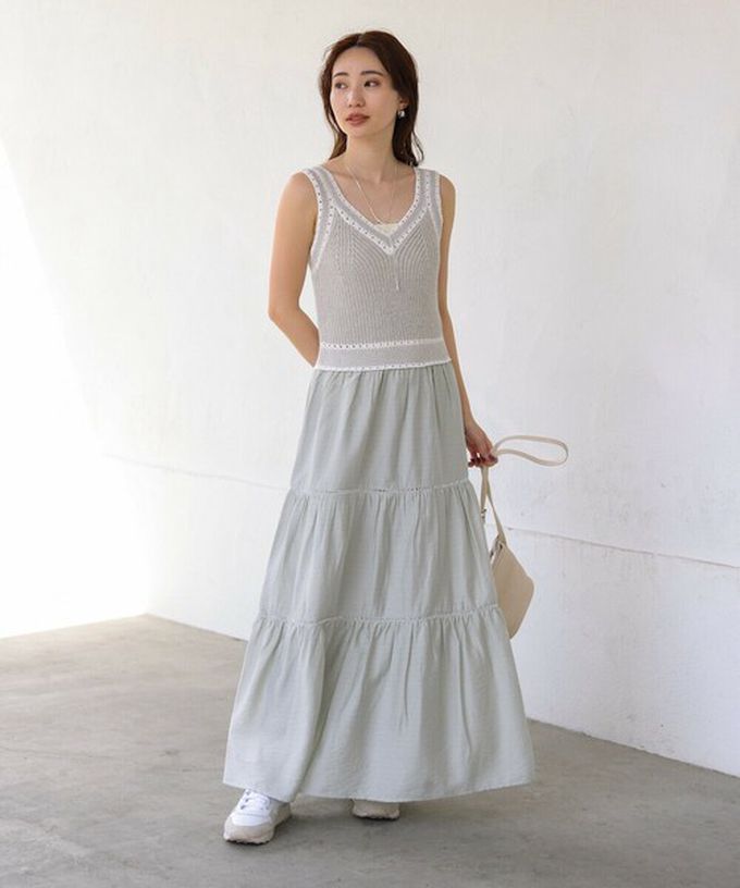 日本 Bab - 純棉針織拼接渡假風無袖洋裝-淺灰綠