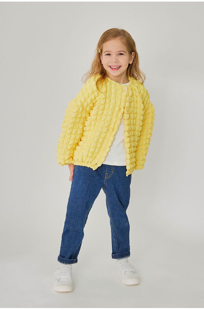 韓國 OZKIZ - 棉花糖立體紋花朵鈕扣外套-象牙白