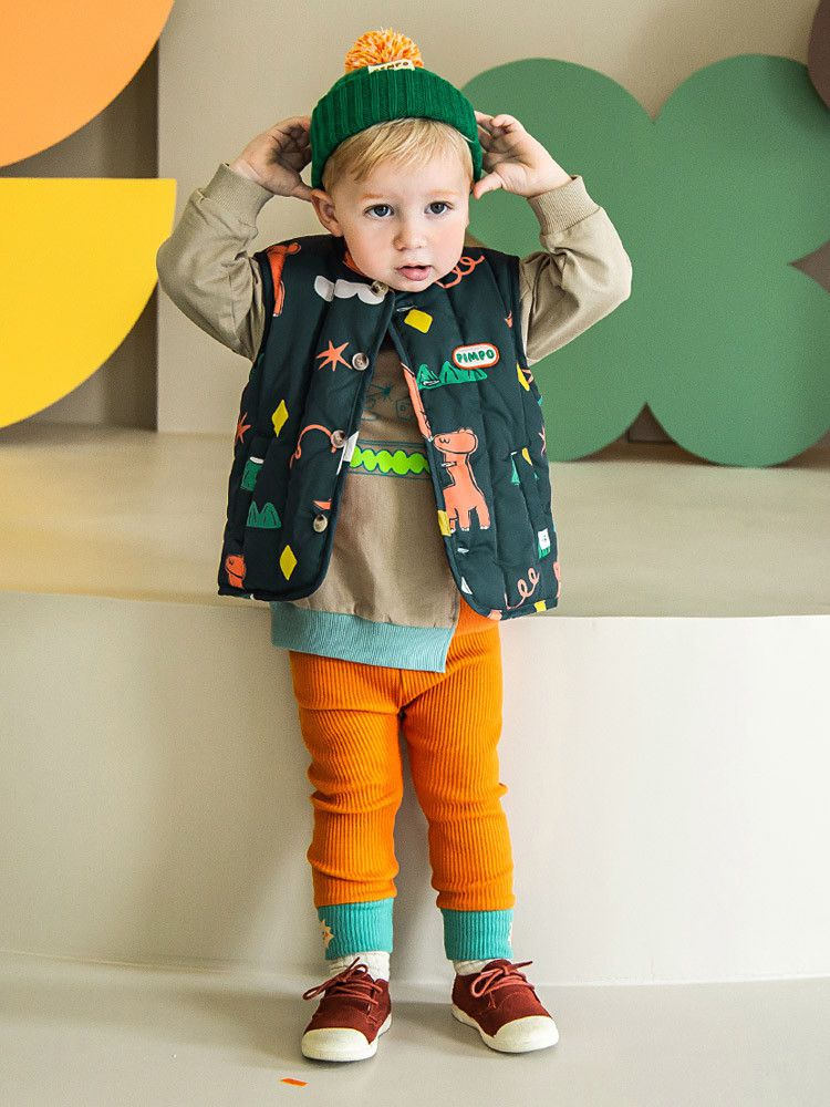 韓國Pimpollo - 手繪風自信恐龍保暖背心-灰