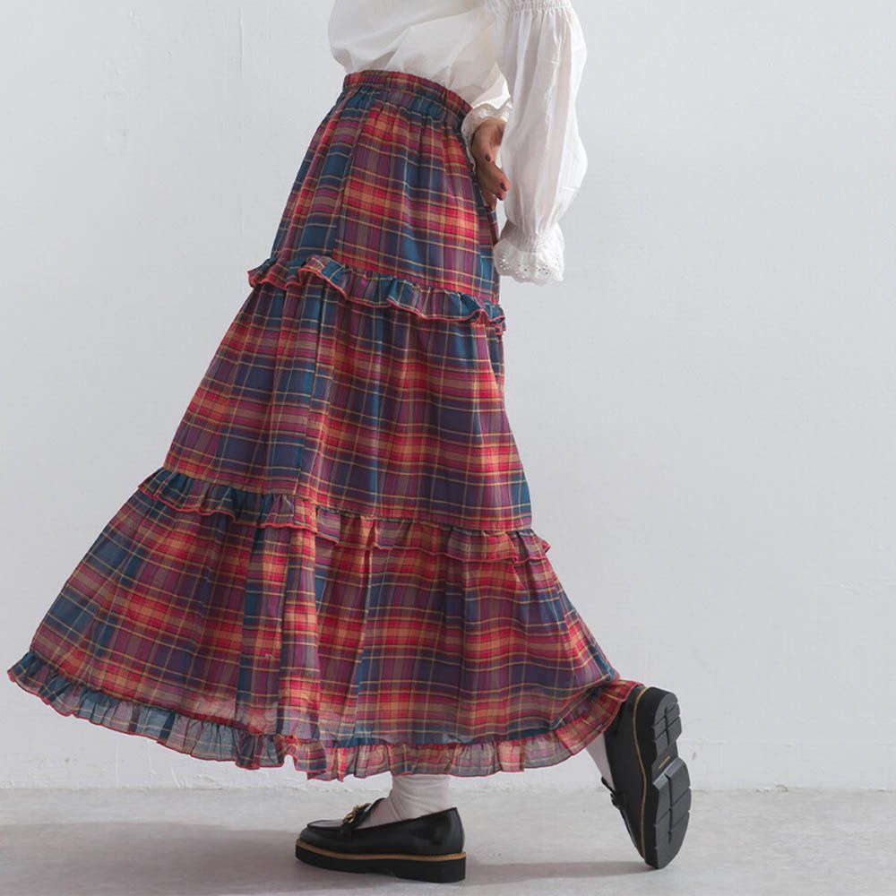 精緻格紋輕盈感分層俏麗長裙-紅