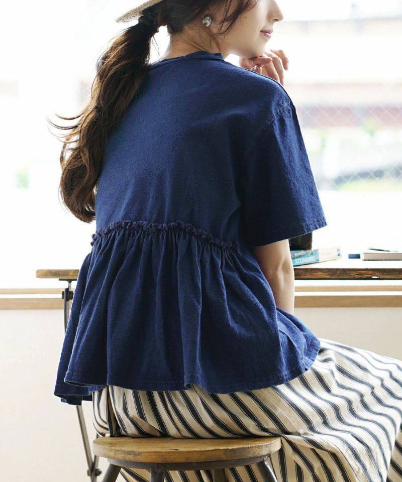 日本 zootie - 復古木耳捲邊縮腰短袖上衣-深海藍