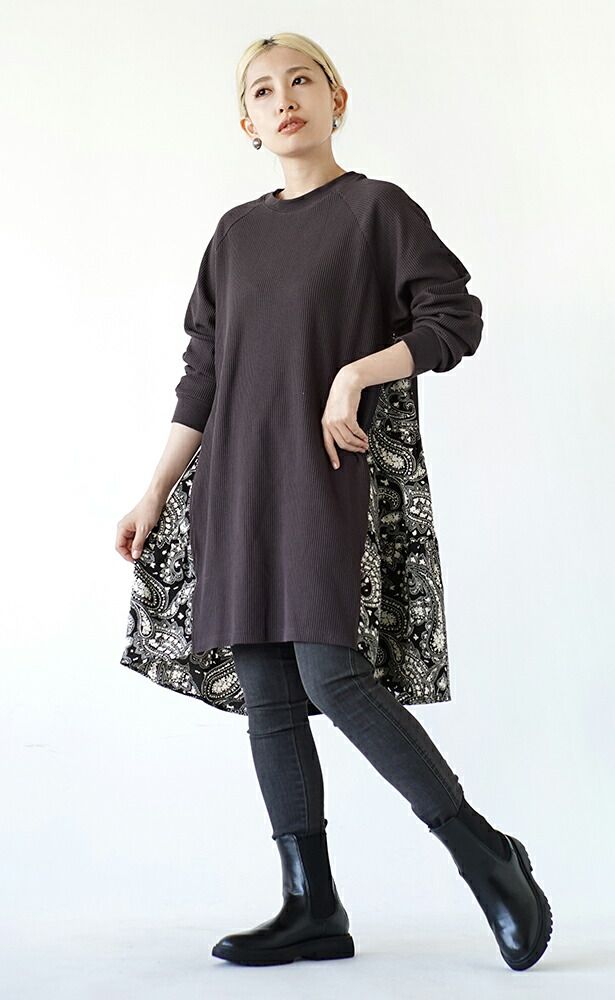 日本 zootie - 華夫格印花拼接長版上衣-深灰