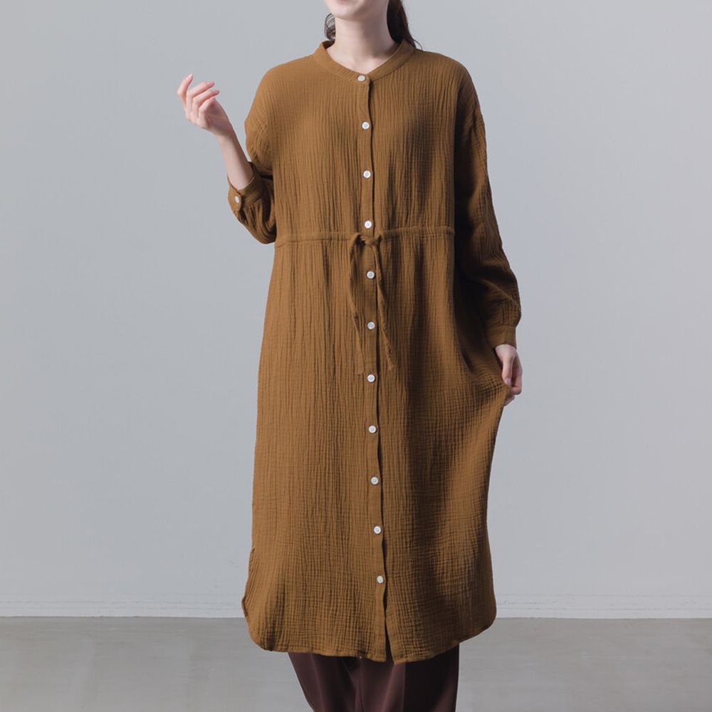 日本 OMNES - [日雜揭載] 楊柳風純棉襯衫外套/長袖洋裝-焦糖棕 (Free size)