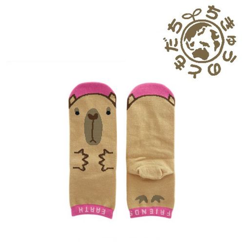 日本 aehwa - 地球的朋友 印花大人襪(媽媽)-水豚-卡其桃 (23~25cm)
