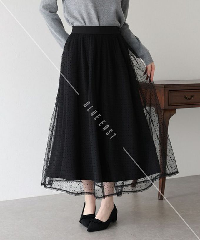 日本 BLUE EAST - 華麗雙層薄紗魅力長裙(可選長度)-格紋-淺卡其 (long)