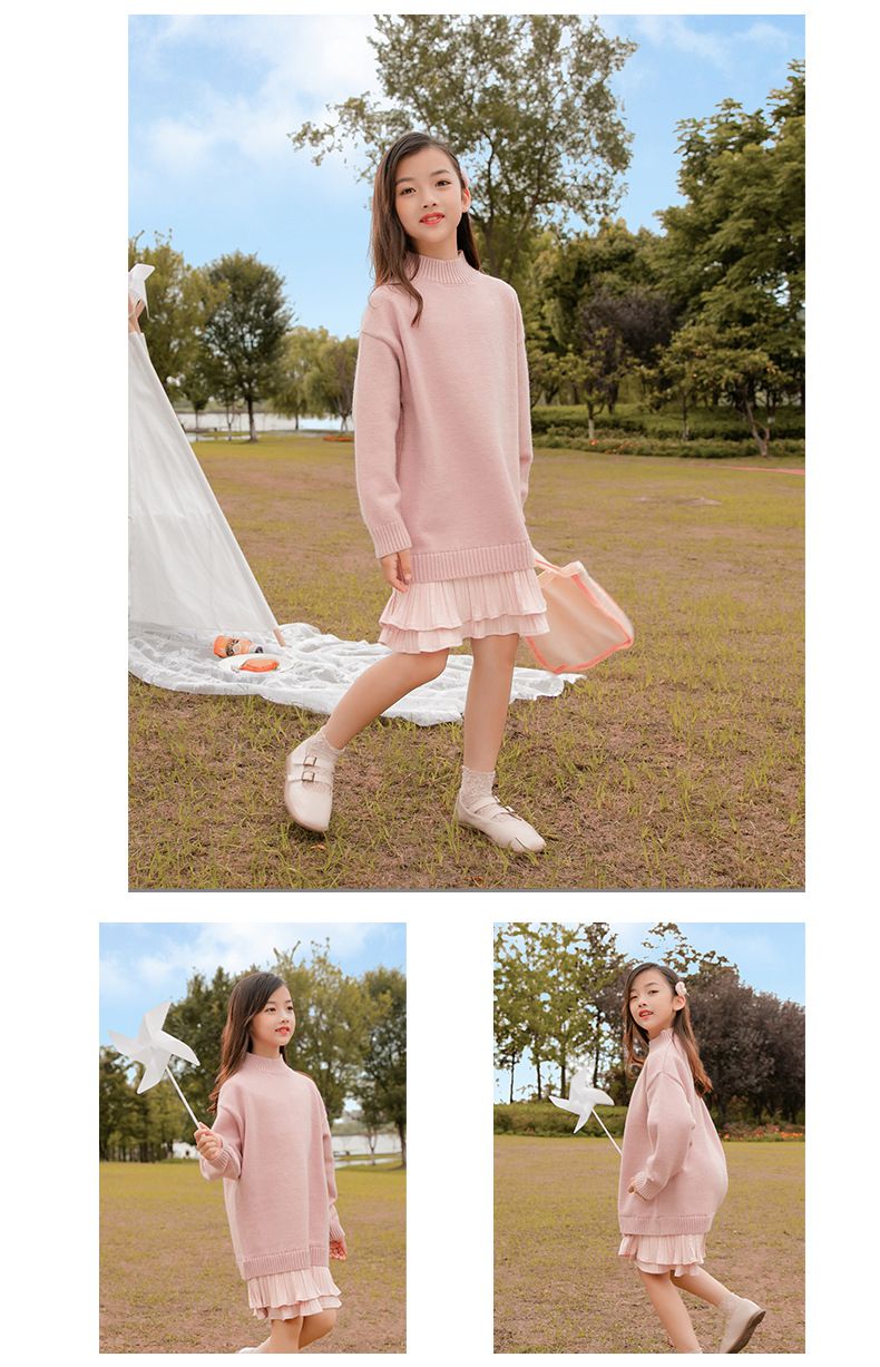 長款拼接針織連身裙-米白