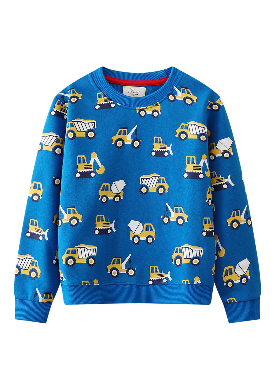 Jumping meters - 圓領棉質長袖上衣/大學T-滿滿工程車-藍色