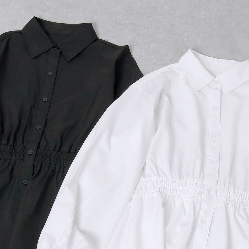 日本 Rejoule - 縮腰設計短版襯衫洋裝-黑 (M(Free size))