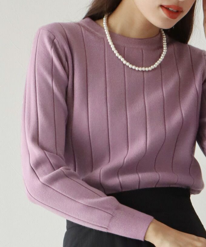 日本 BLUE EAST - 坑條圓領針織上衣-紫