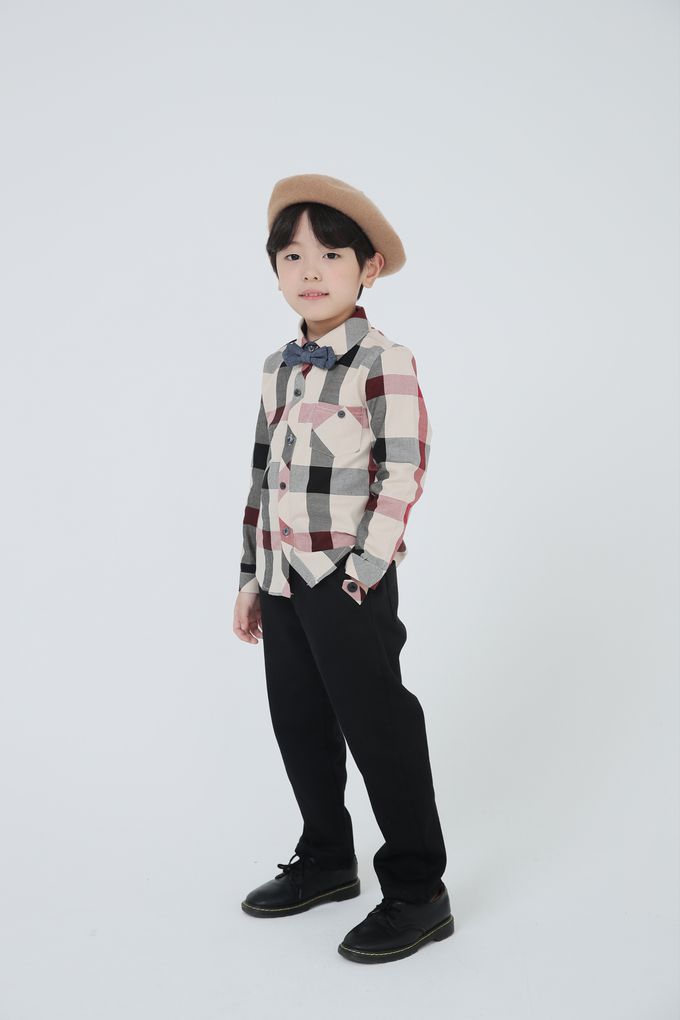 韓國 Coco Bang - 英式雙色格紋翻領長袖襯衫-淺卡其
