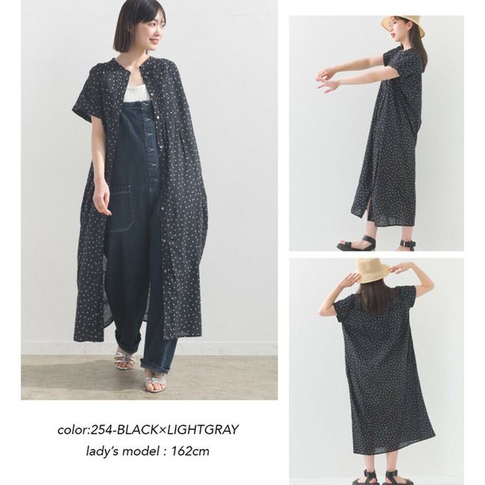 日本 OMNES - 100%印度棉 襯衫式印花短袖洋裝-黑底白點