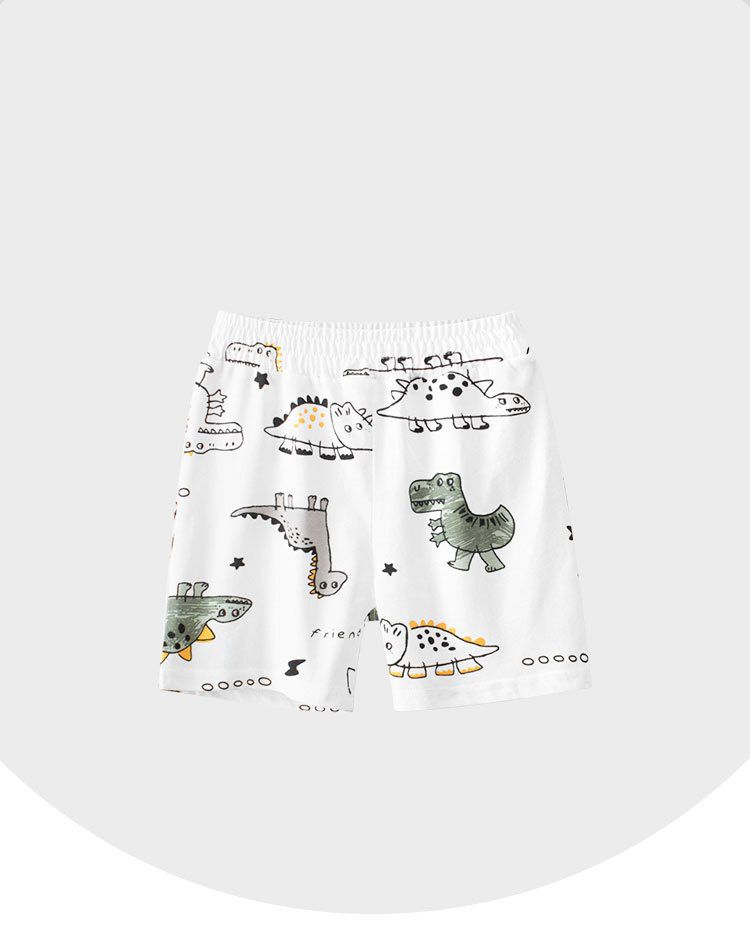 純棉腰鬆緊休閒五分褲-塗鴉綠恐龍-米白色