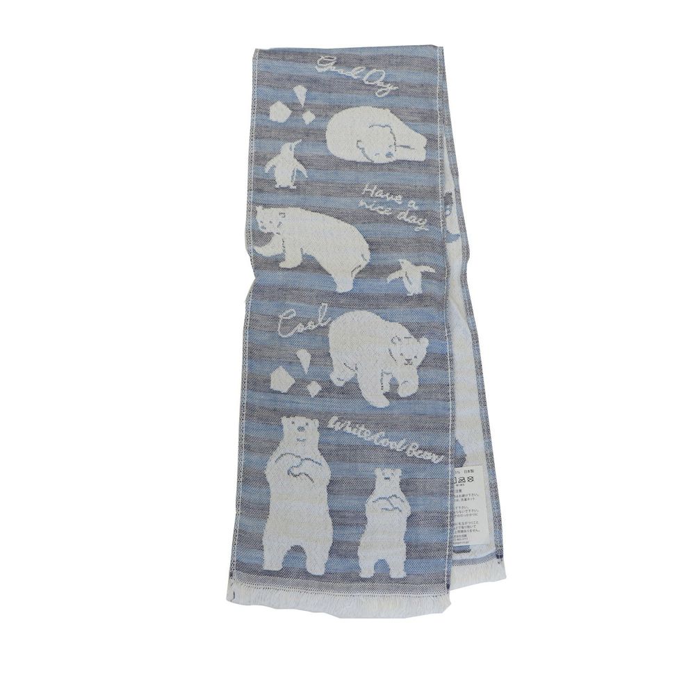 日本涼感雜貨 - 日本製 Eco de COOL 接觸冷感長毛巾-北極熊企鵝-深藍 (100x16cm)