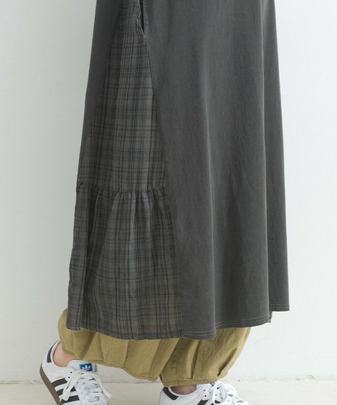 日本 Lupilien - 復古寬鬆格紋拼接短袖洋裝-BETTER-炭黑