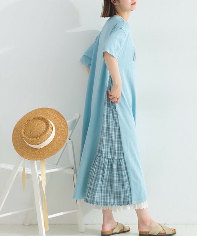 日本 Lupilien - 復古寬鬆格紋拼接短袖洋裝-BETTER-粉紅