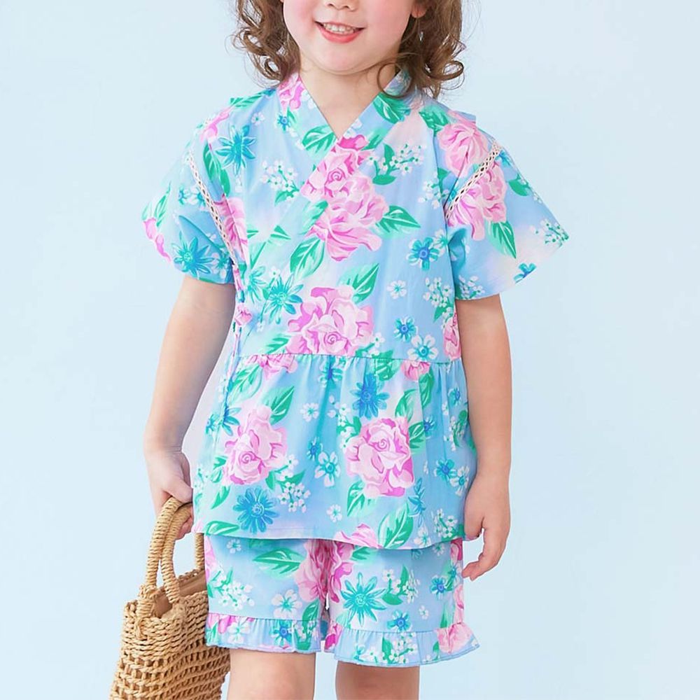 100%棉 可愛荷葉甚平套裝-浪漫玫瑰-水藍x粉