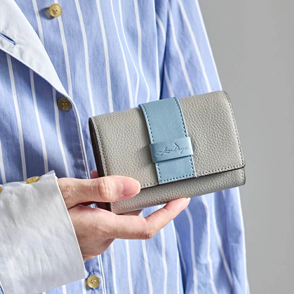 真皮迷你三折配色風琴短夾-灰x水藍