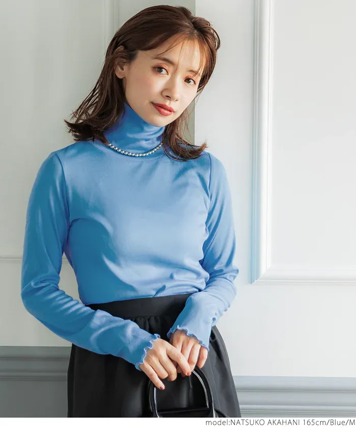 日本 COCA - 高領微透感長袖內搭/上衣-深藍