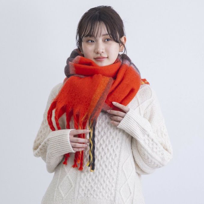 日本代購 - 份量感印花保暖流蘇圍巾-撞色-藍綠