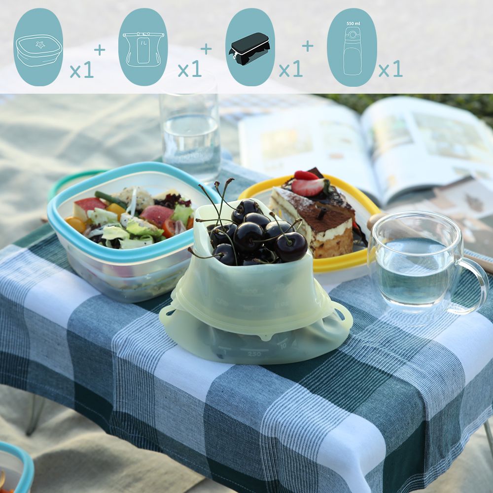 仁舟淨塑 - 【媽咪愛獨家組】無痕野餐全系列-四件組-矽密盒2.0長方藍矽龜1200ml*1+矽密袋2.0-1000ml*1+蜂蠟保鮮布超好蓋天空藍L*1+捲捲矽水瓶750ml*1