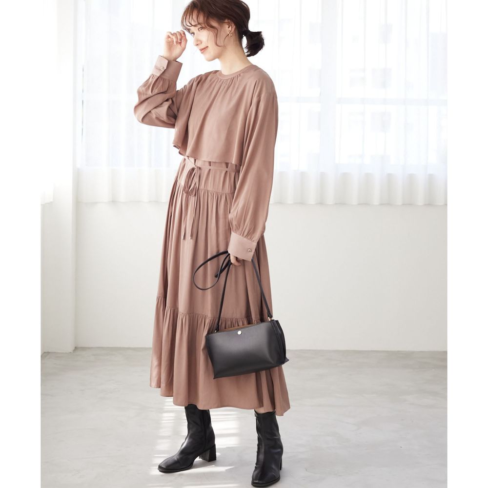 日本 ELENCARE DUE - 多層次收腰蛋糕裙設計長袖洋裝-杏