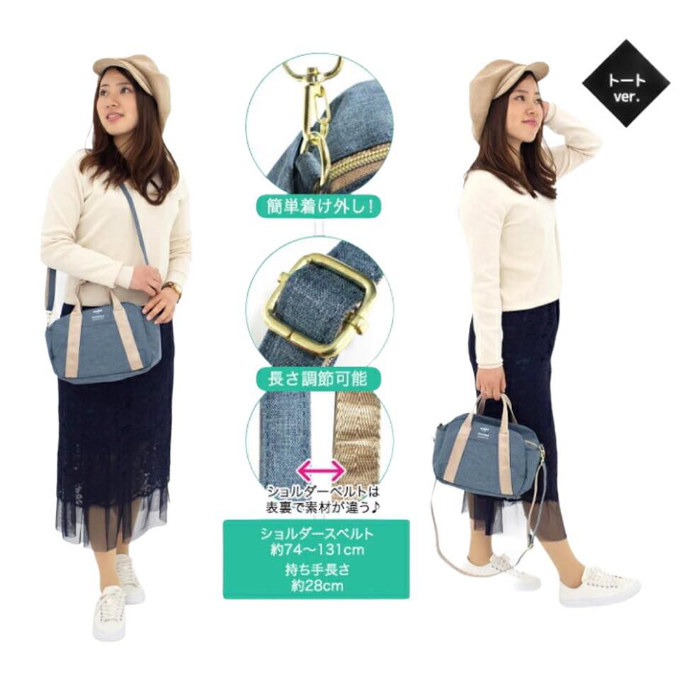 日本 Anello - 2way 10pocket 斜跨波士頓包-丹寧 (26cm×19cm×12cm)