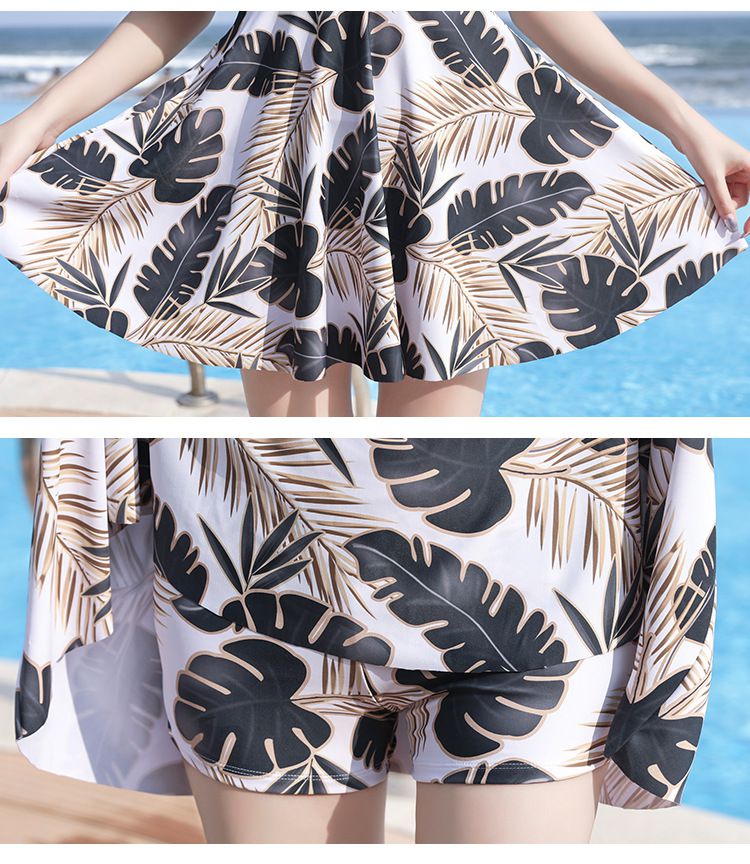 V領修身顯瘦露背連身裙泳衣-滿滿葉子-藍綠色