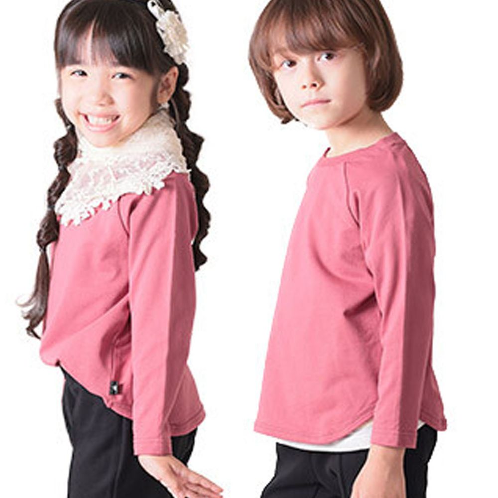 日本 TORIDORY - 純棉圓弧衣襬百搭長袖上衣-素色-桃粉