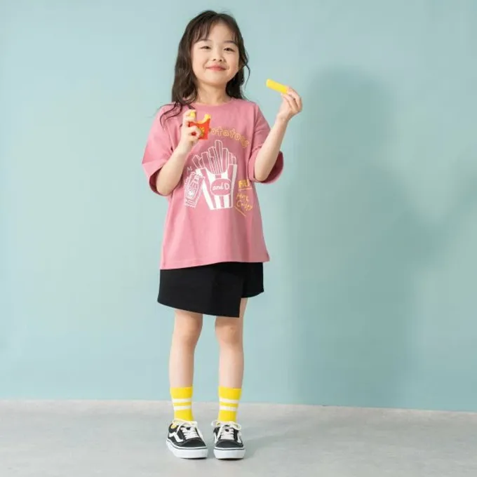 日本 petit main - 100%棉 塗鴉系食物印花短袖上衣-蘇打汽水-米杏