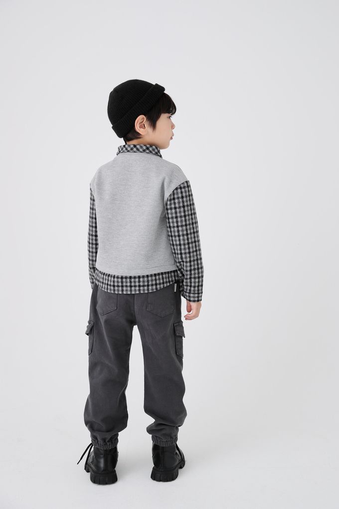 韓國 Coco Bang - 假兩件拼接格紋翻領長袖上衣-灰X黑