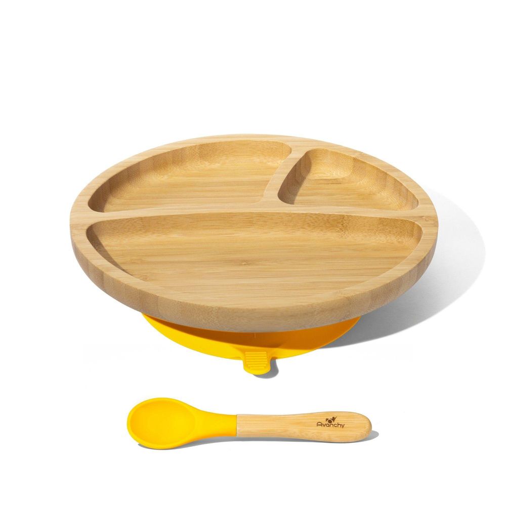 Avanchy - 有機竹製吸盤式餐盤套裝組-附有機竹製矽膠湯匙-短柄-黃