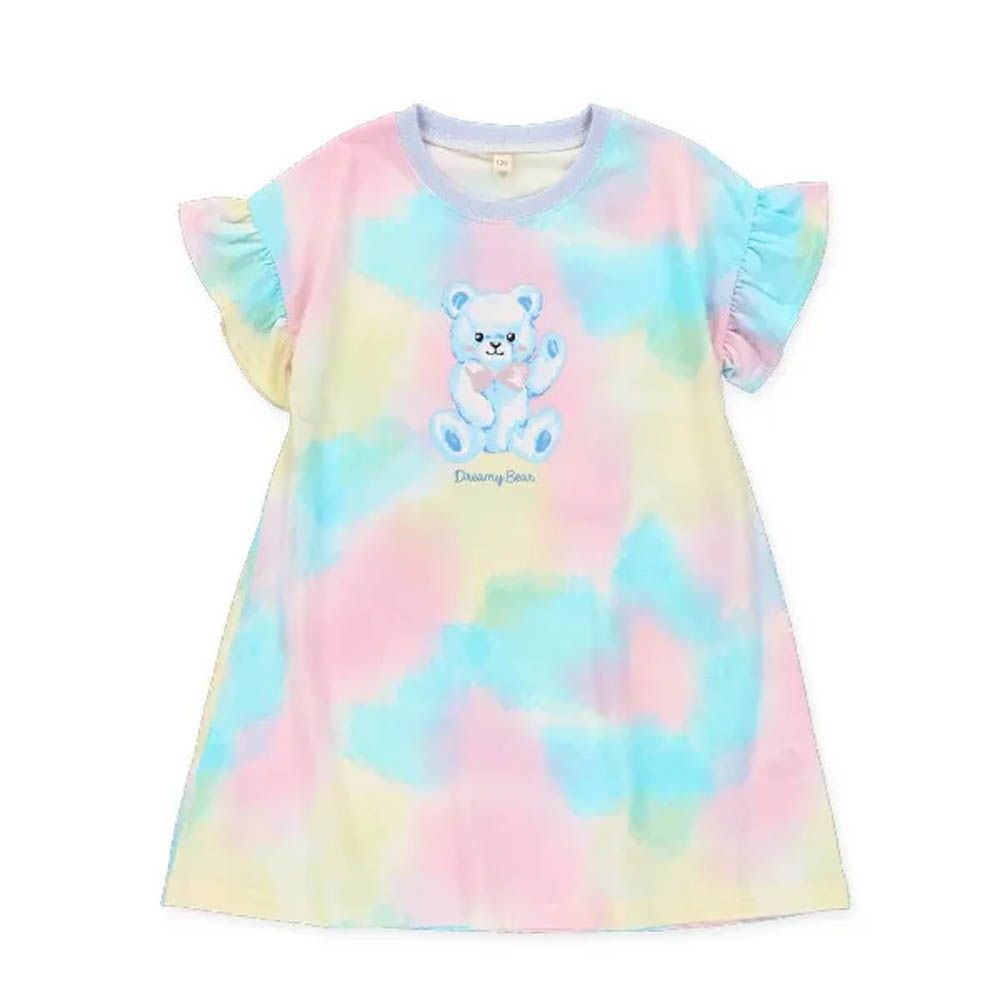 霓虹粉彩小熊荷葉短袖洋裝