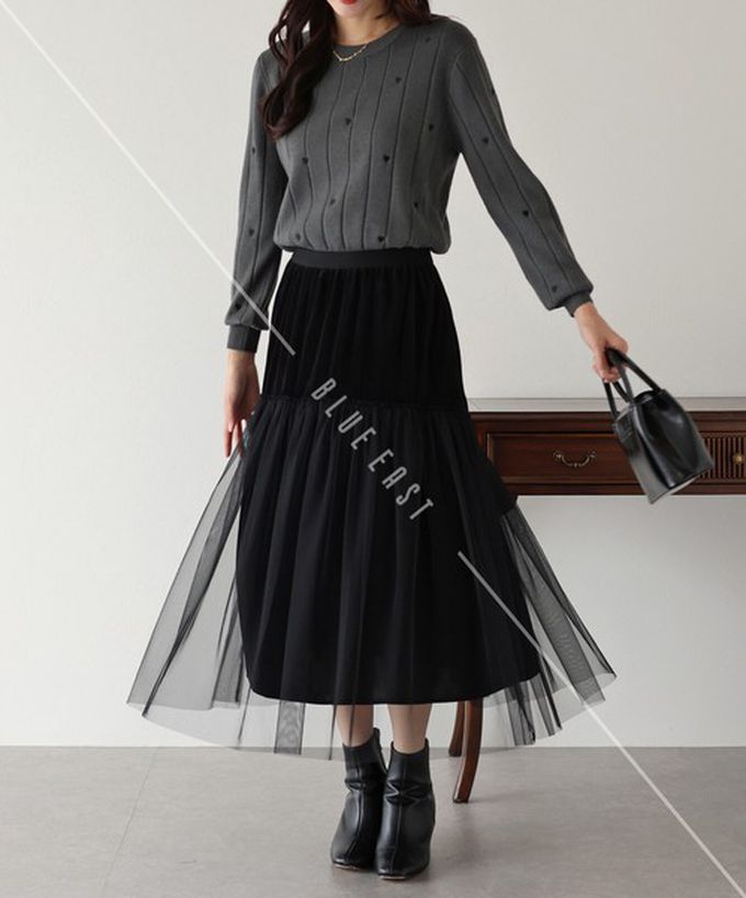 日本 BLUE EAST - 薄紗絲絨拼接飄逸長裙-(可選長度)-深藍