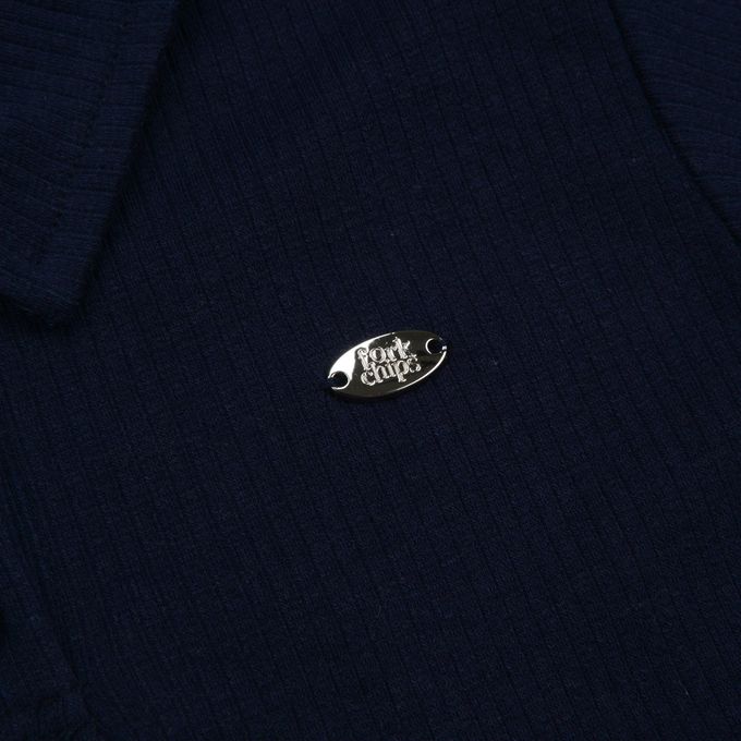 韓國 FORK CHIPS - 金屬裝飾直坑條翻領長袖上衣-深藍