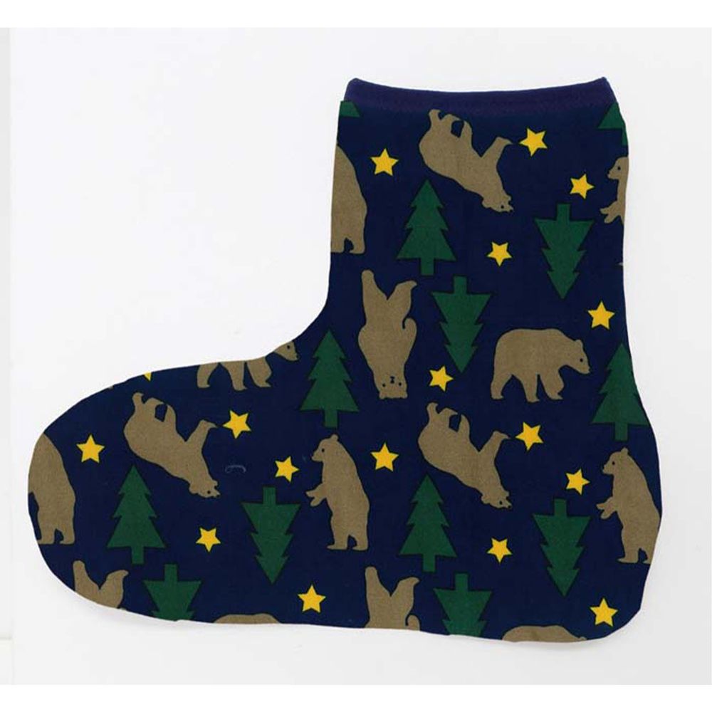 日本丸和 - 雙層機能裏起毛防滑室內襪-樹林棕熊-深藍 (21-25cm)-短筒