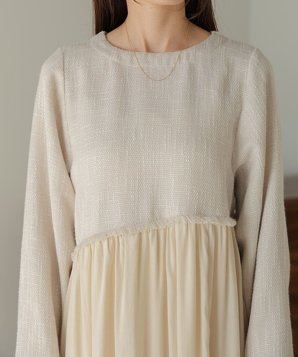 日本 Bab - 仙氣花呢異材質拼接長袖洋裝-黑