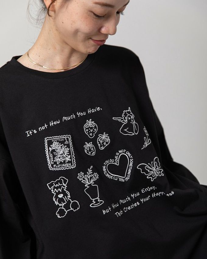 日本 gleam - 甜蜜刺繡印花休閒寬版長袖T恤-黑