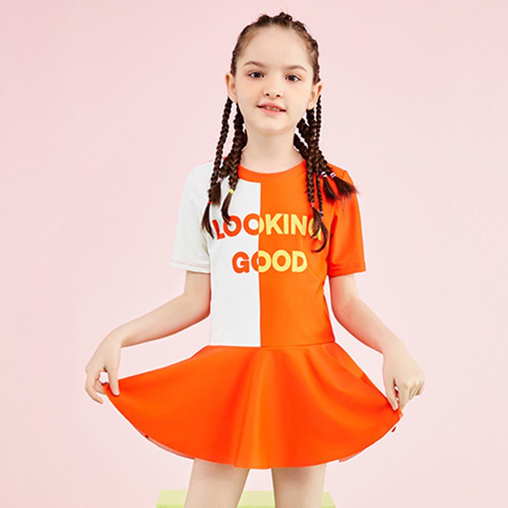 SANQI - 女寶撞色短袖連身泳衣-LOOKING GOOD-橘色