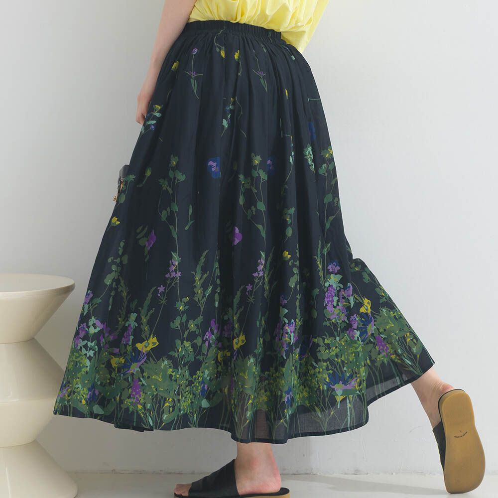 100%印度棉 清新印花柔軟長裙-花草-黑