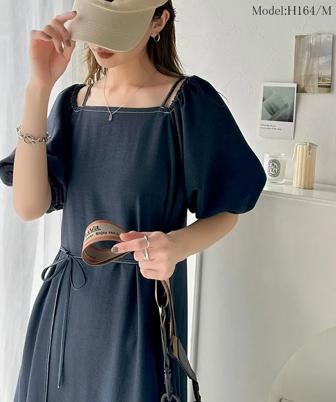 日本 Classical Elf - 典雅2way露肩腰綁帶泡泡袖洋裝-摩卡棕