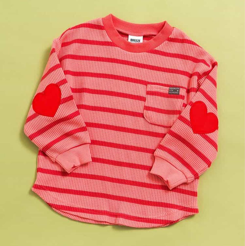 手肘撞色星星華夫格長袖上衣-粉紅條紋